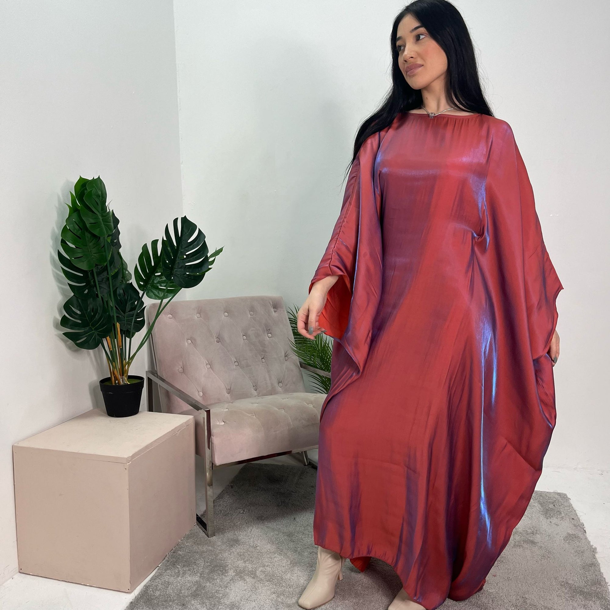 Zayna Red Shimmer Tie Kaftan Dress