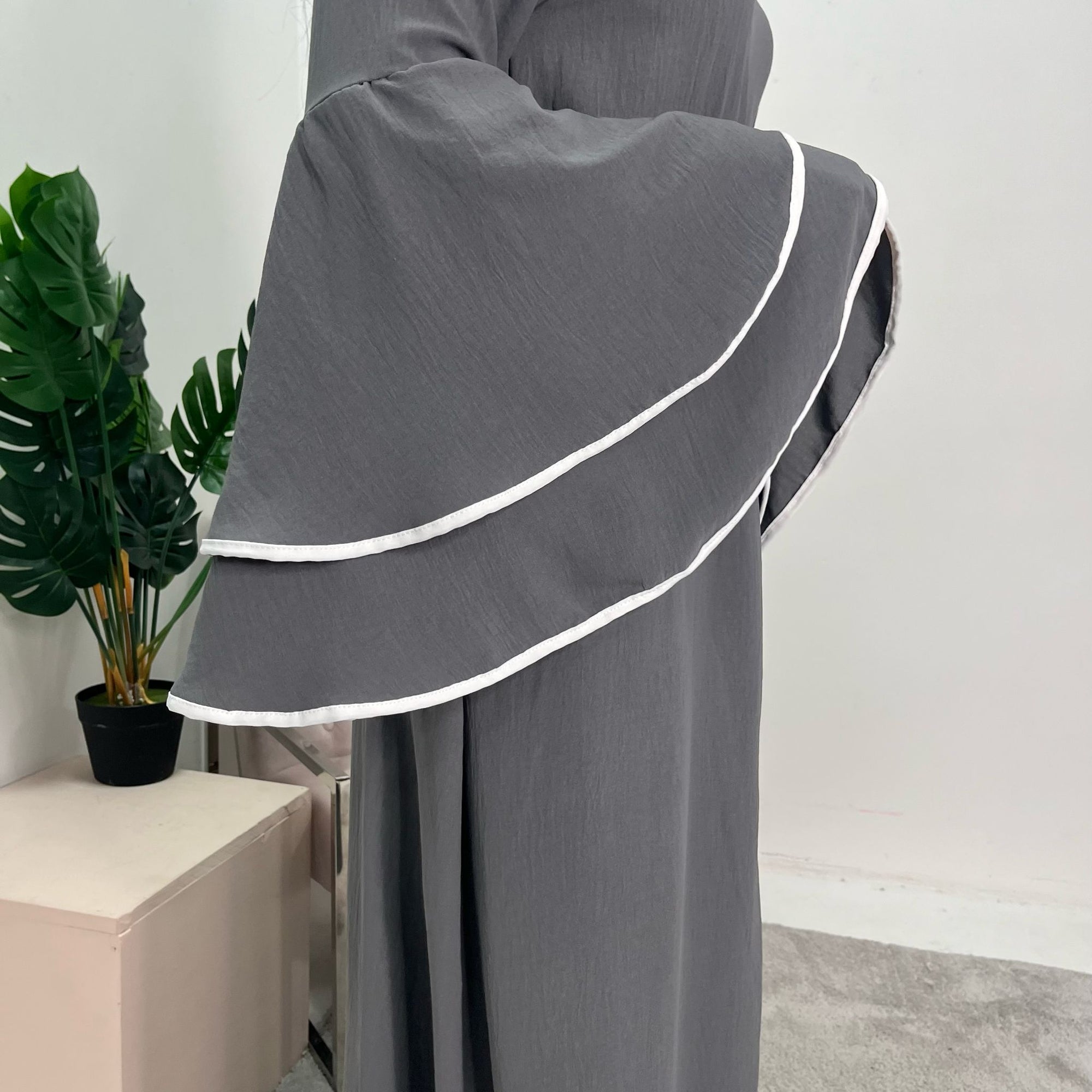Iqra Grey Contrast Ruffle Sleeve Belted Dress
