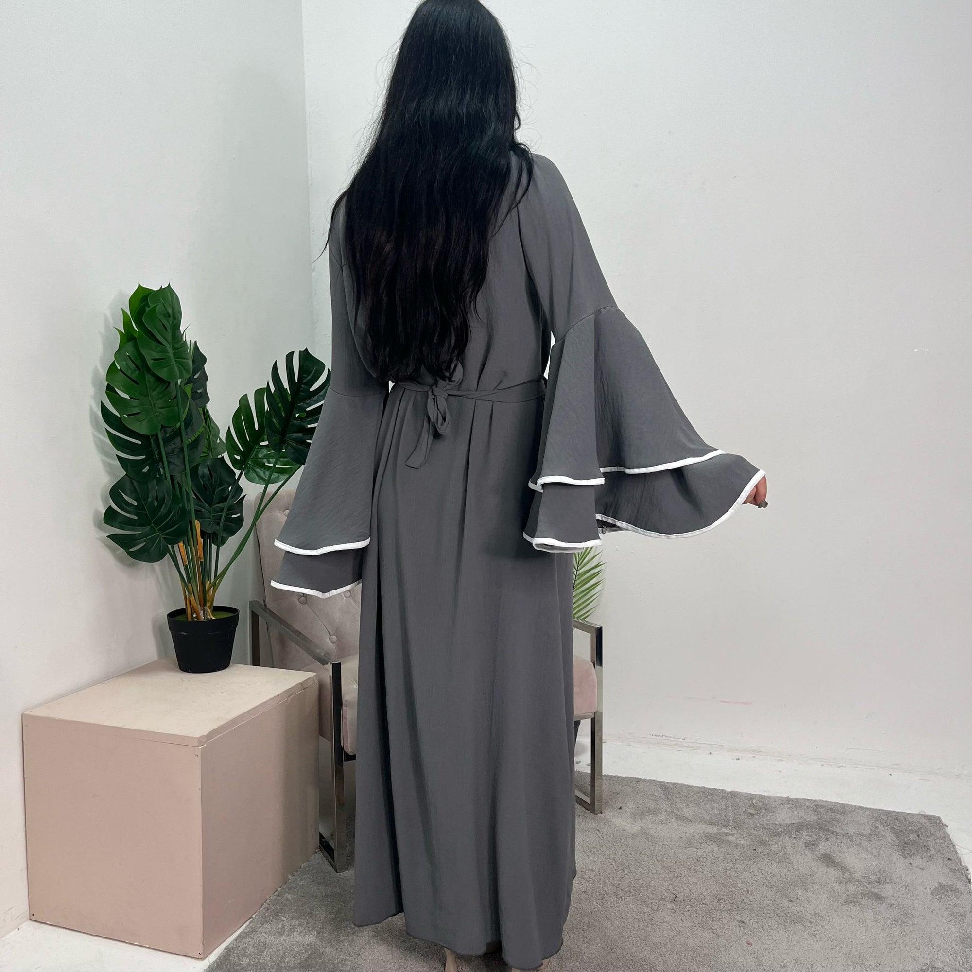 Iqra Grey Contrast Ruffle Sleeve Belted Dress