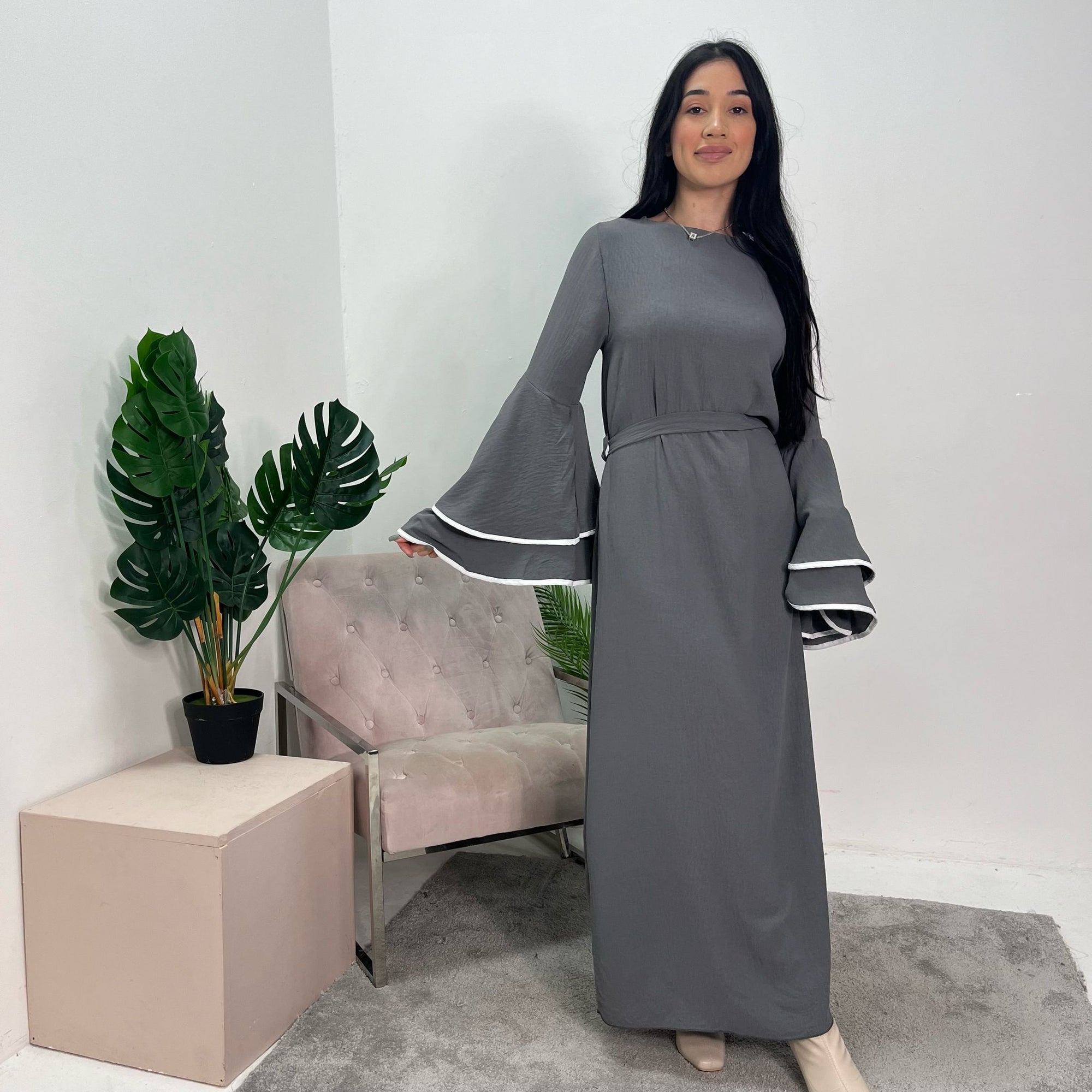 Iqra Grey Contrast Ruffle Sleeve Belted Dress