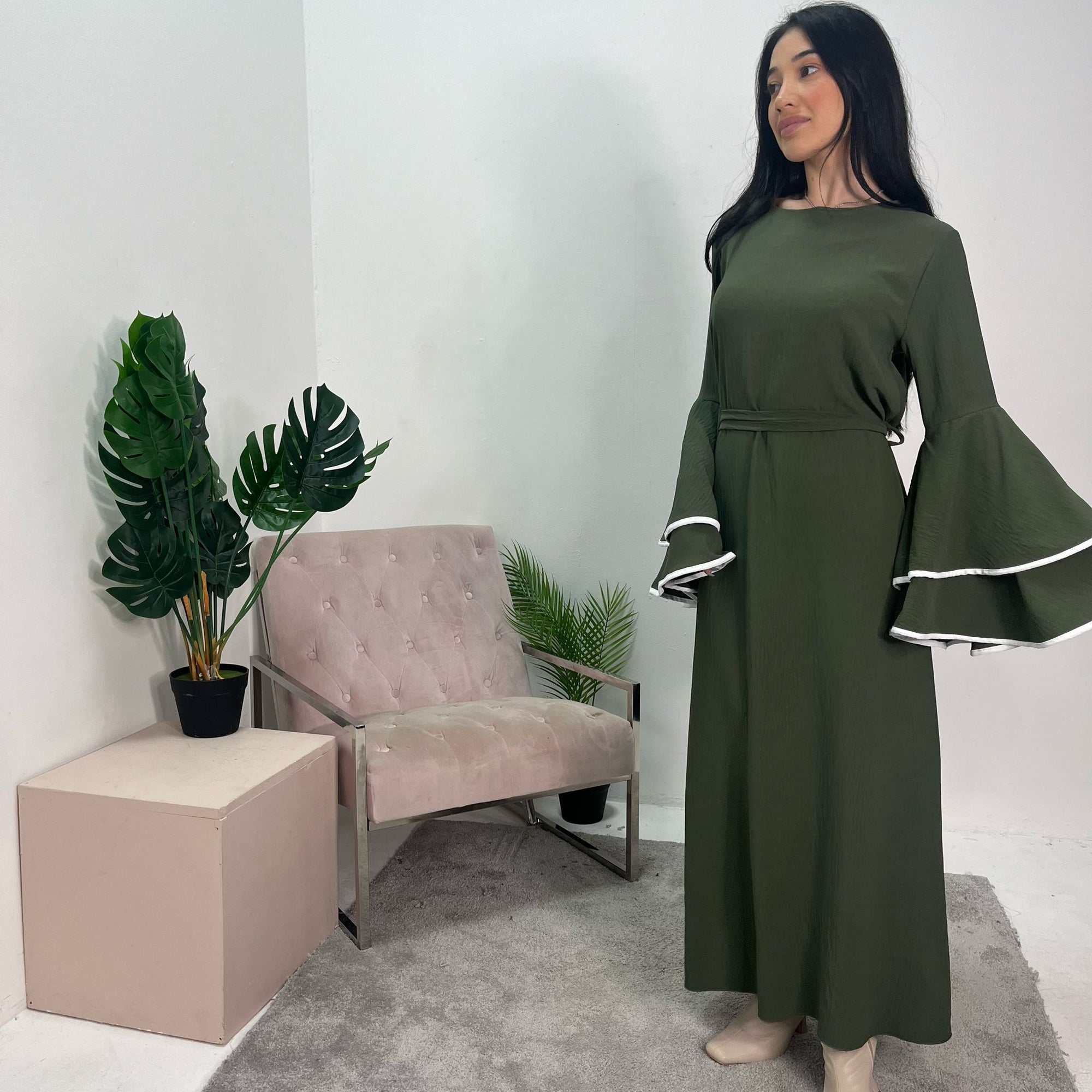 Iqra Khaki Contrast Ruffle Sleeve Belted Dress
