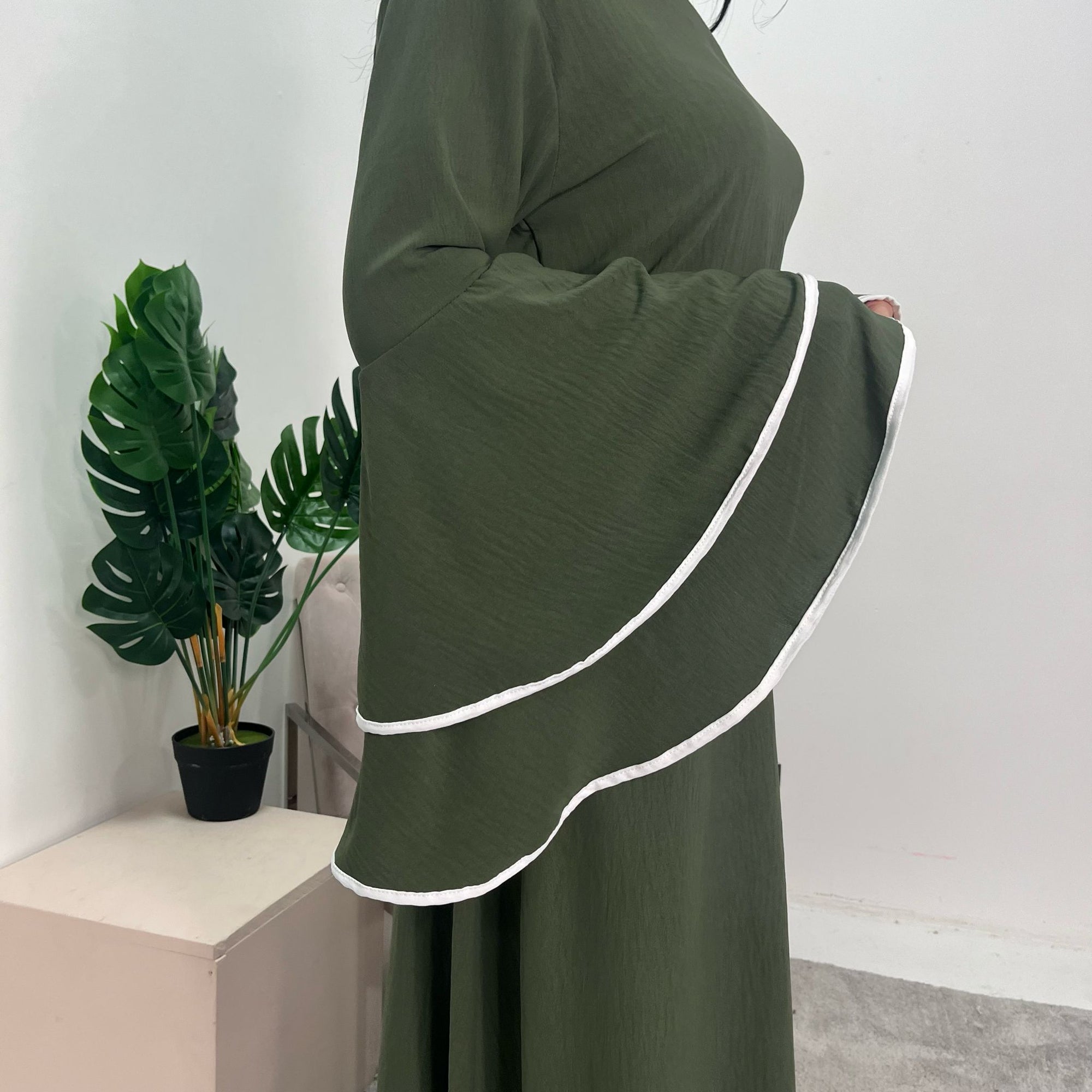 Iqra Khaki Contrast Ruffle Sleeve Belted Dress