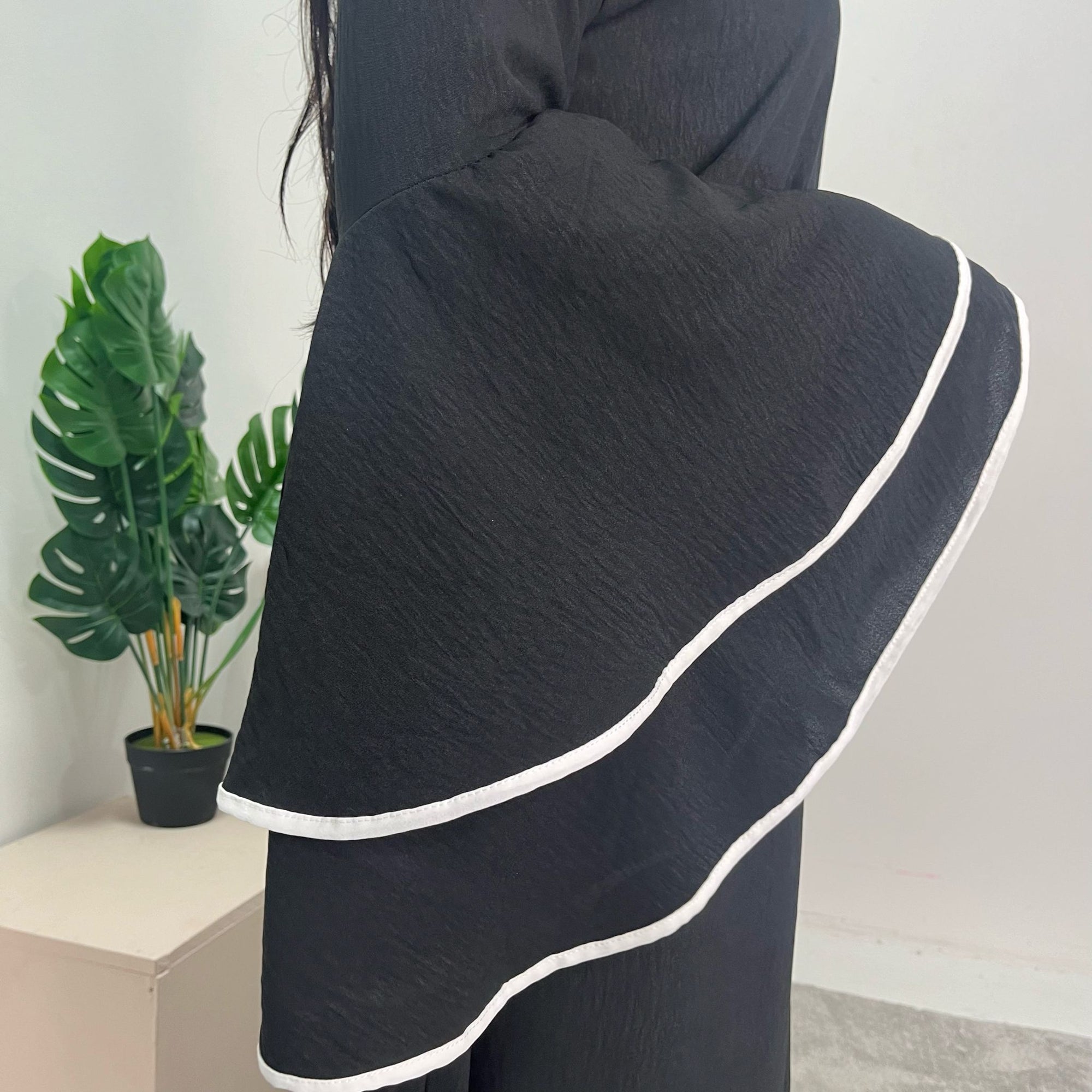 Iqra Black Contrast Ruffle Sleeve Belted Dress