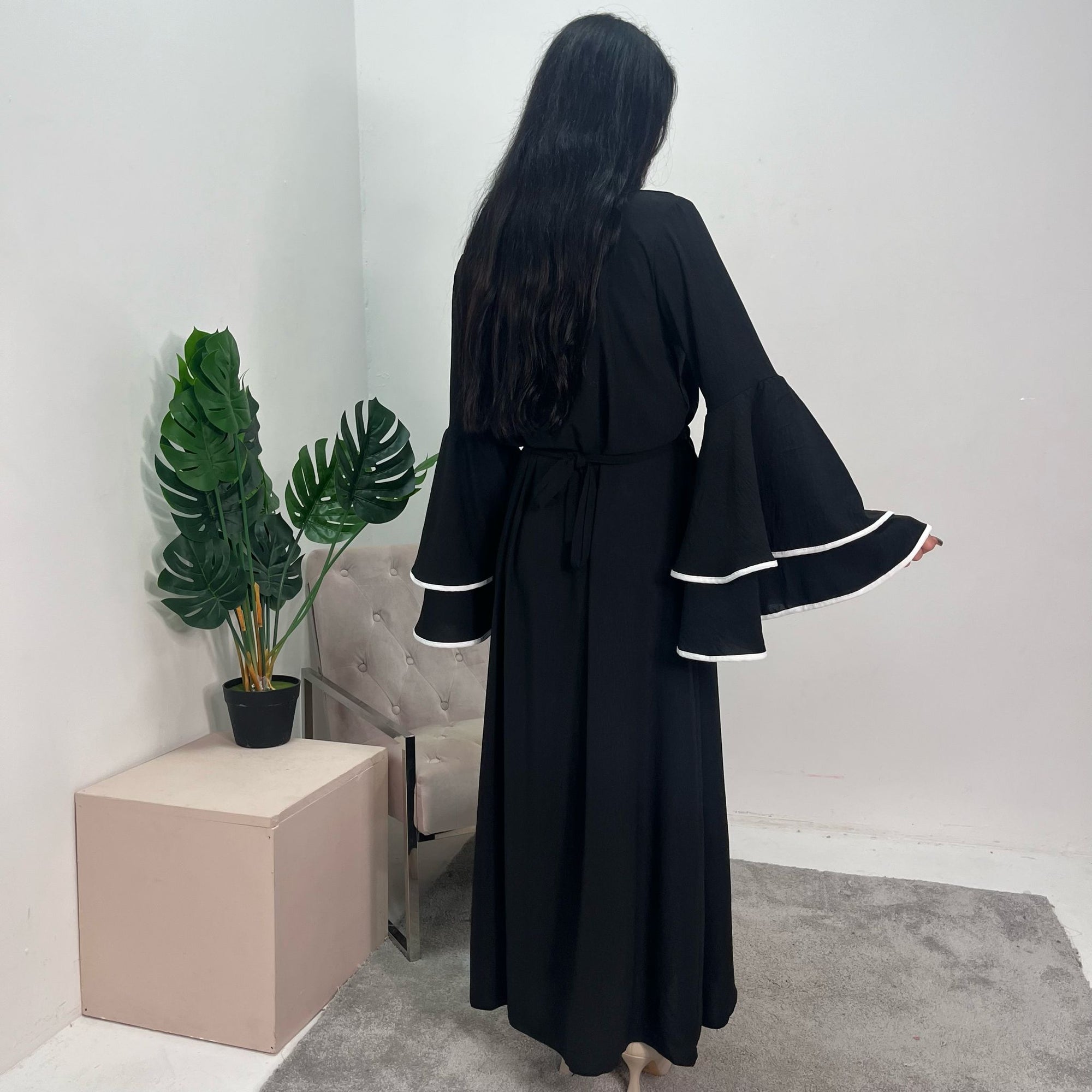 Iqra Black Contrast Ruffle Sleeve Belted Dress