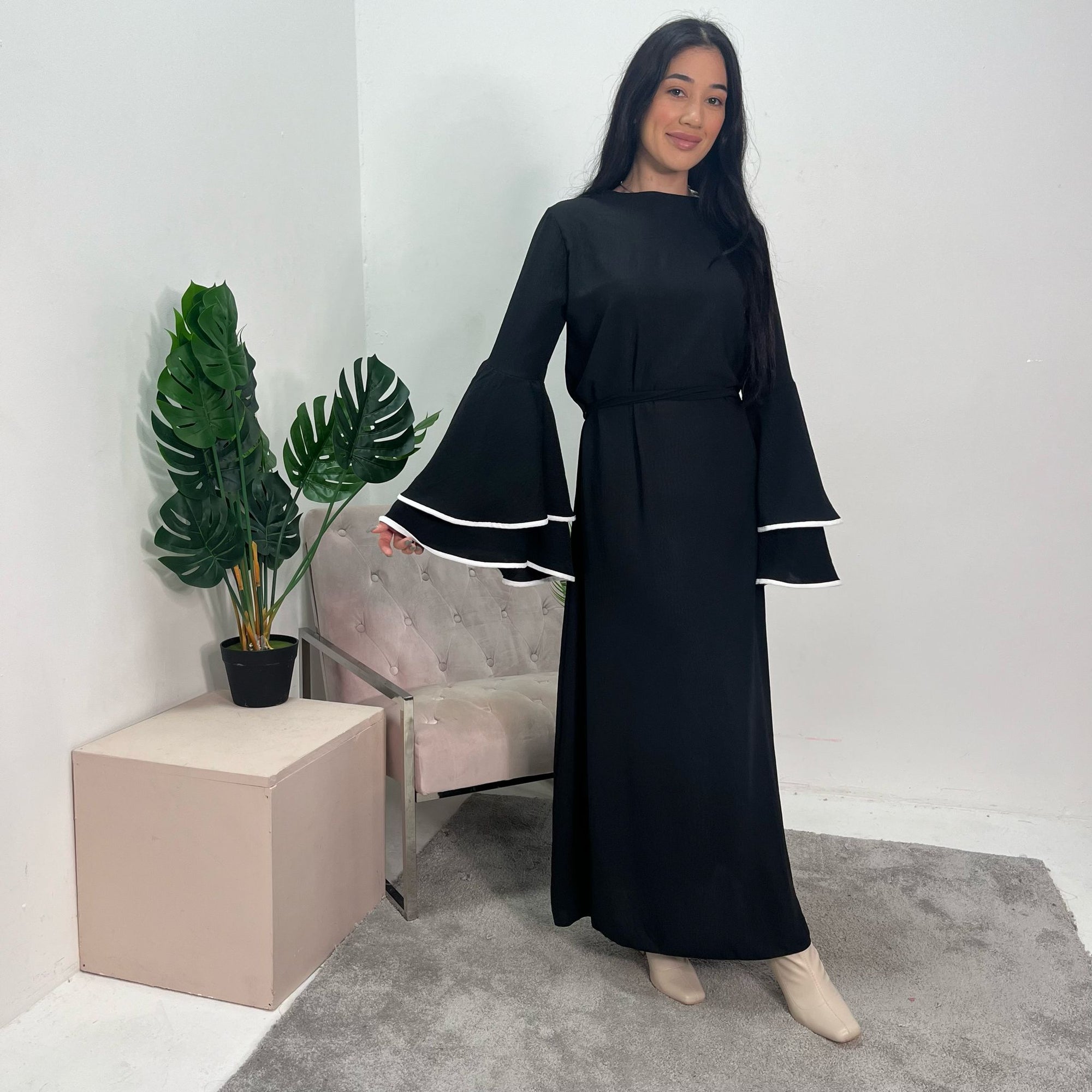 Iqra Black Contrast Ruffle Sleeve Belted Dress