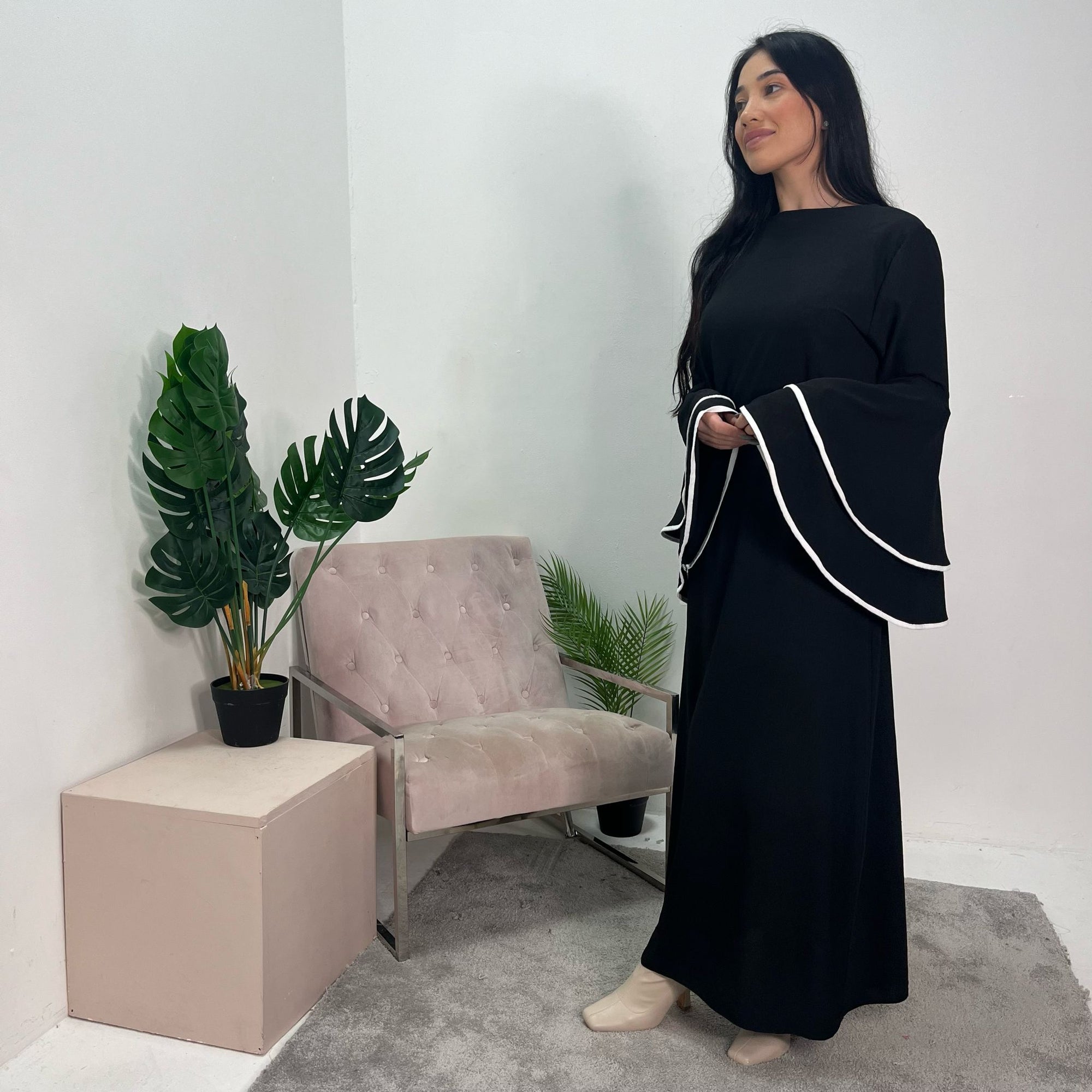 Iqra Black Contrast Ruffle Sleeve Belted Dress