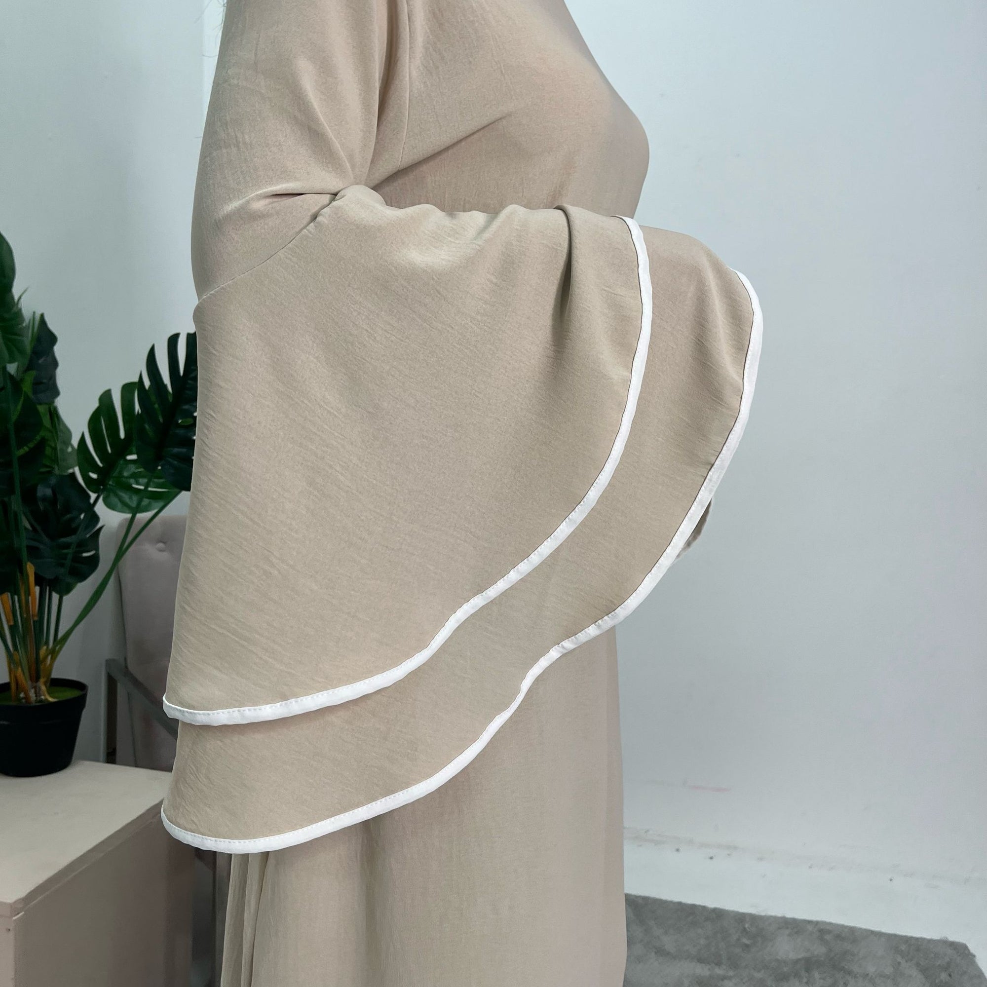 Iqra Beige Contrast Ruffle Sleeve Belted Dress