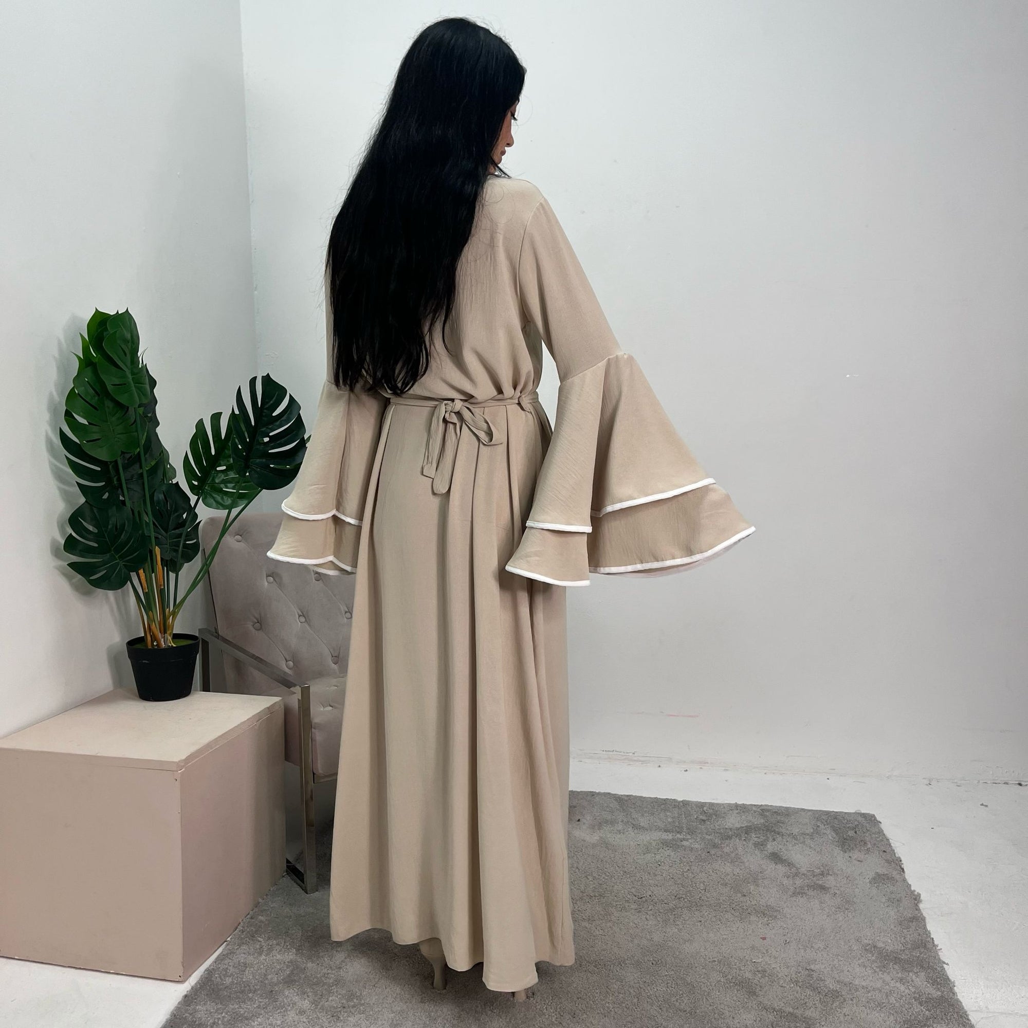 Iqra Beige Contrast Ruffle Sleeve Belted Dress