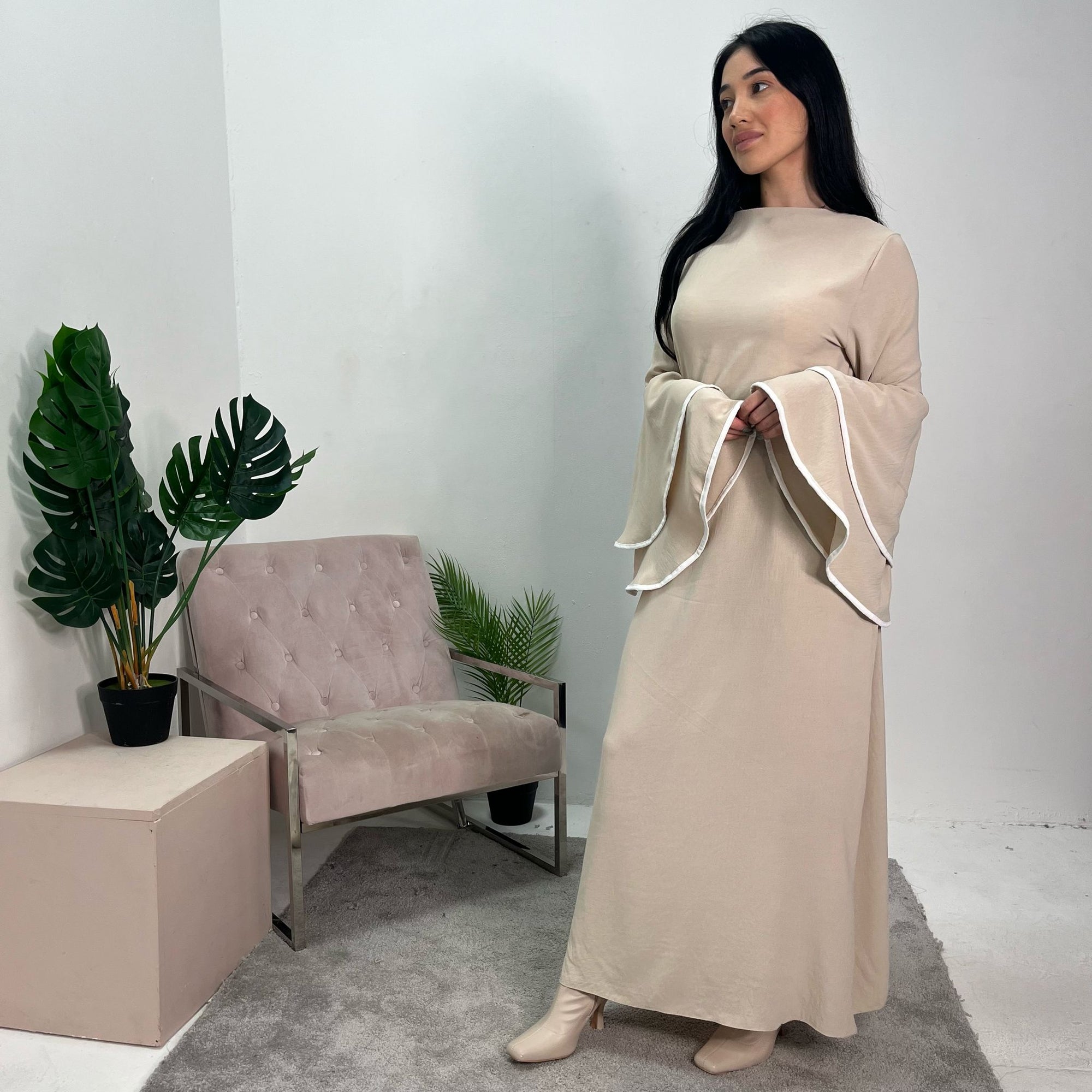 Iqra Beige Contrast Ruffle Sleeve Belted Dress