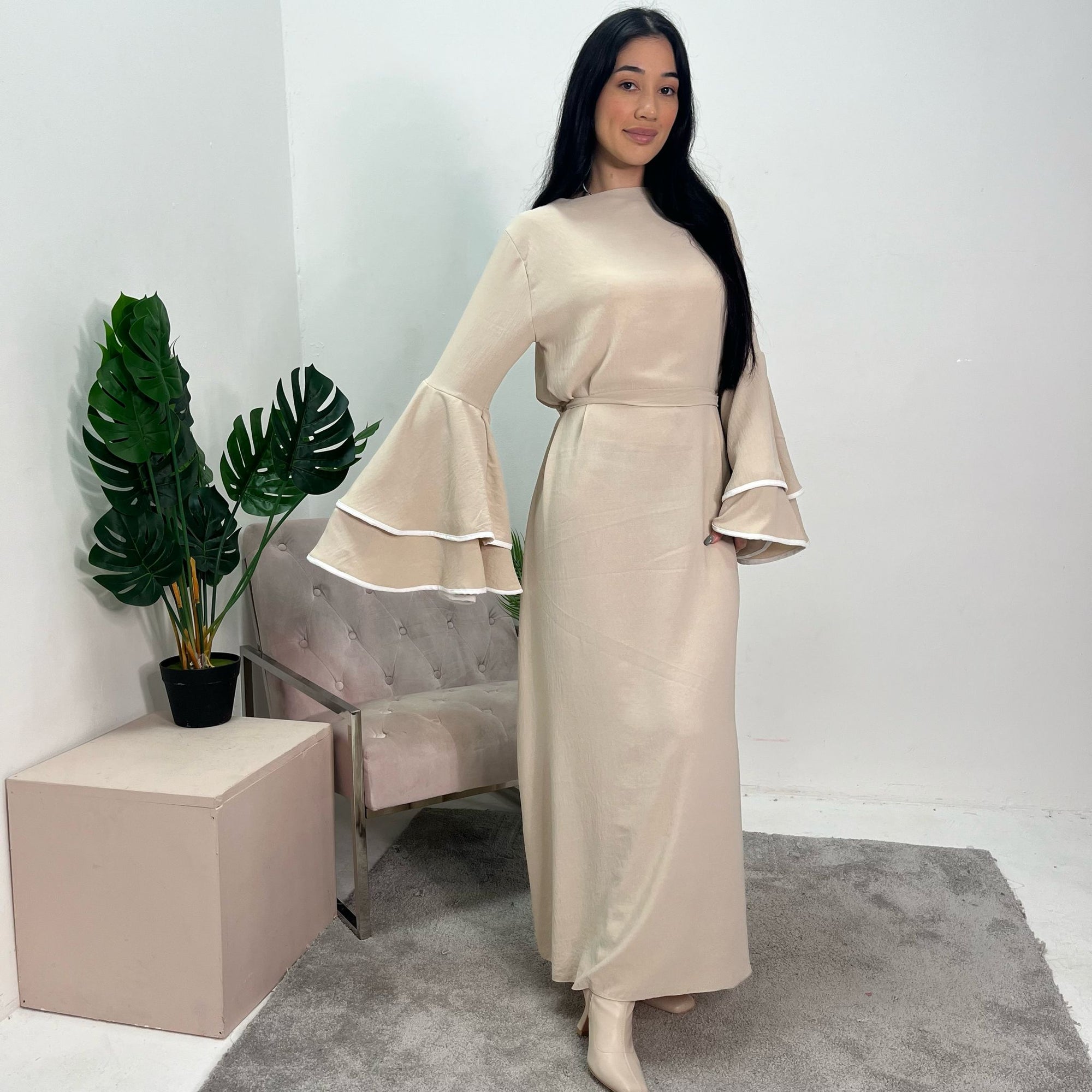 Iqra Beige Contrast Ruffle Sleeve Belted Dress