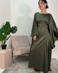 Haniya Khaki Fur Trim Kaftan Dress