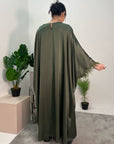 Haniya Khaki Fur Trim Kaftan Dress