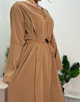 Anusha Camel 2-Piece Gold Trim Abaya Belted Dress