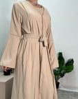 Anusha Beige 2-Piece Gold Trim Abaya Belted Dress