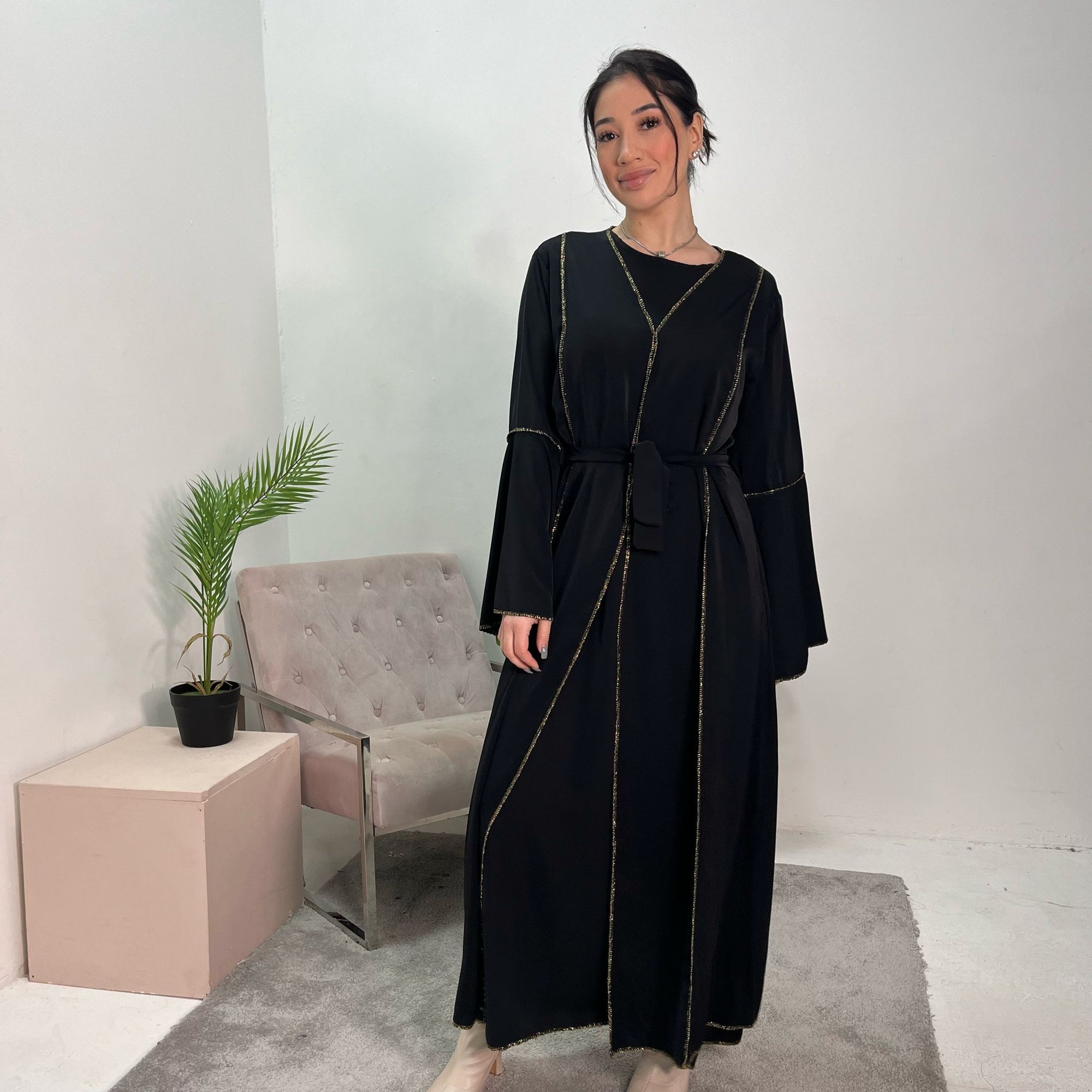 Anusha Black 2-Piece Gold Trim Abaya Belted Dress