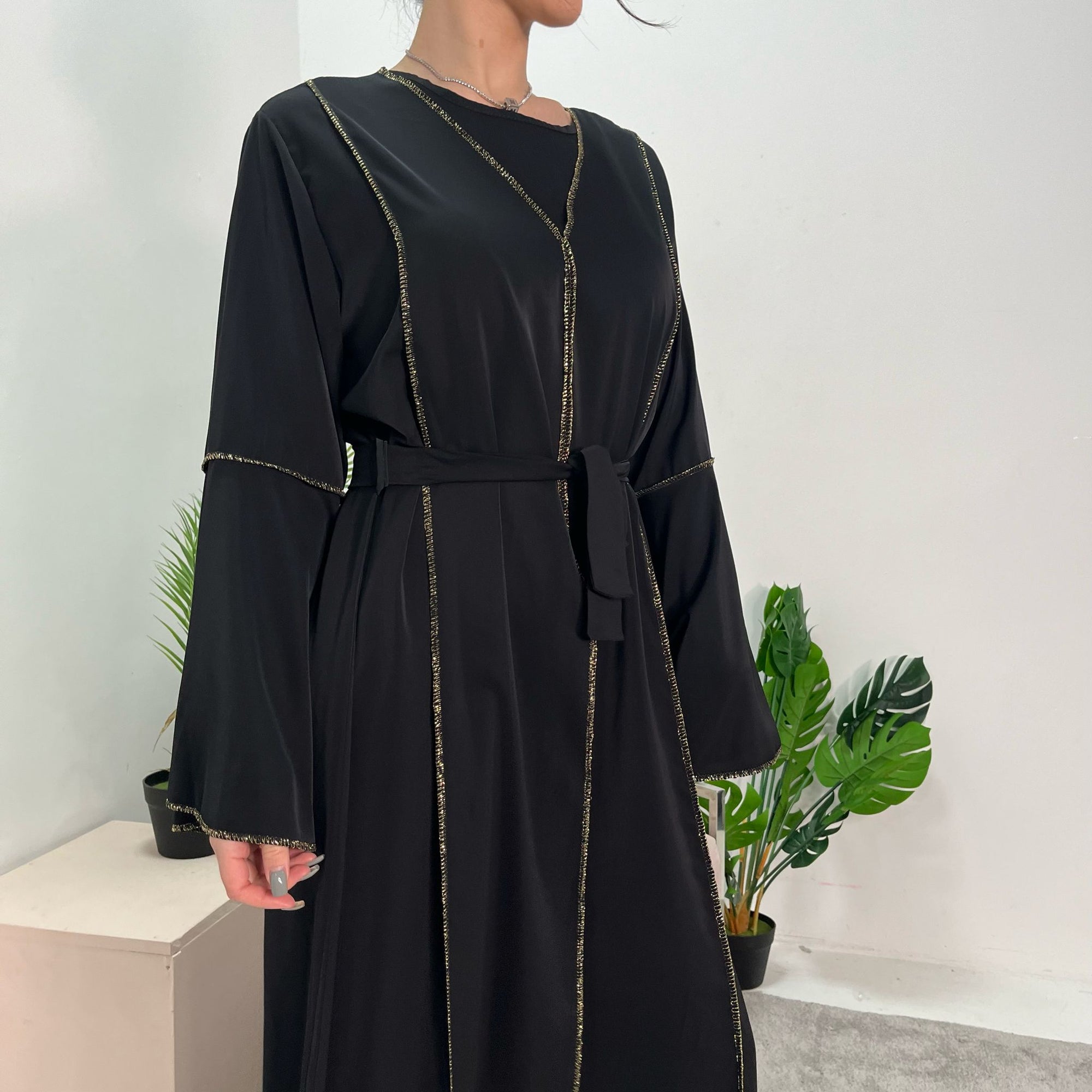 Anusha Black 2-Piece Gold Trim Abaya Belted Dress