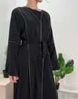 Anusha Black 2-Piece Gold Trim Abaya Belted Dress