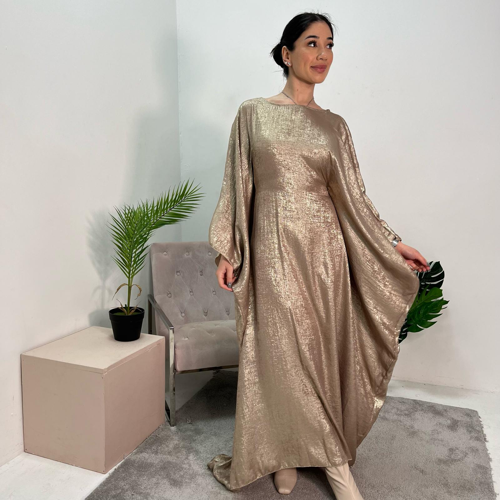 Rabia Gold Metallic Elasticated Batwing Kaftan Dress House Of Haniya Rabia Gold Metallic Elasticated Batwing Kaftan Dress House Of Haniya