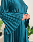 Aaliyah Teal Satin Pleated Belted Dress