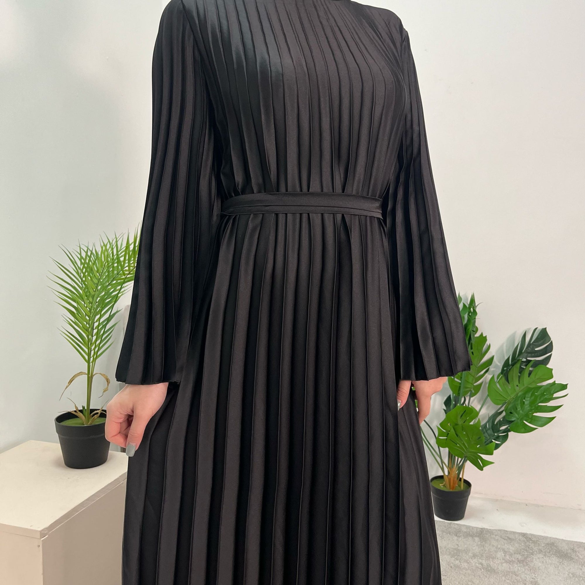 Aaliyah Black Satin Pleated Belted Dress House Of Haniya Aaliyah Black Satin Pleated Belted Dress House Of Haniya