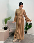 Aaliyah Bronze Satin Pleated Belted Dress