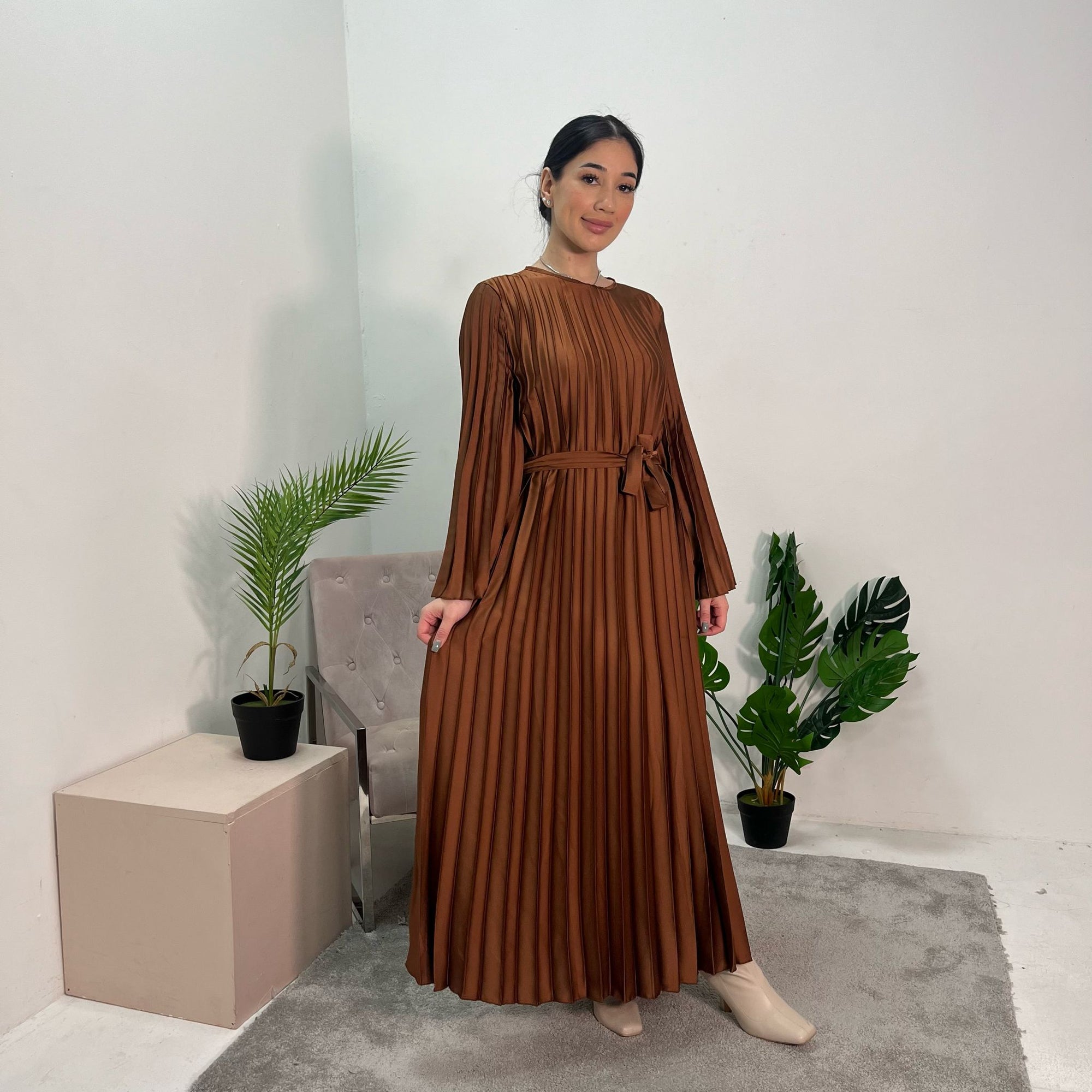 Aaliyah Chocolate Satin Pleated Belted Dress House Of Haniya Aaliyah Chocolate Satin Pleated Belted Dress House Of Haniya