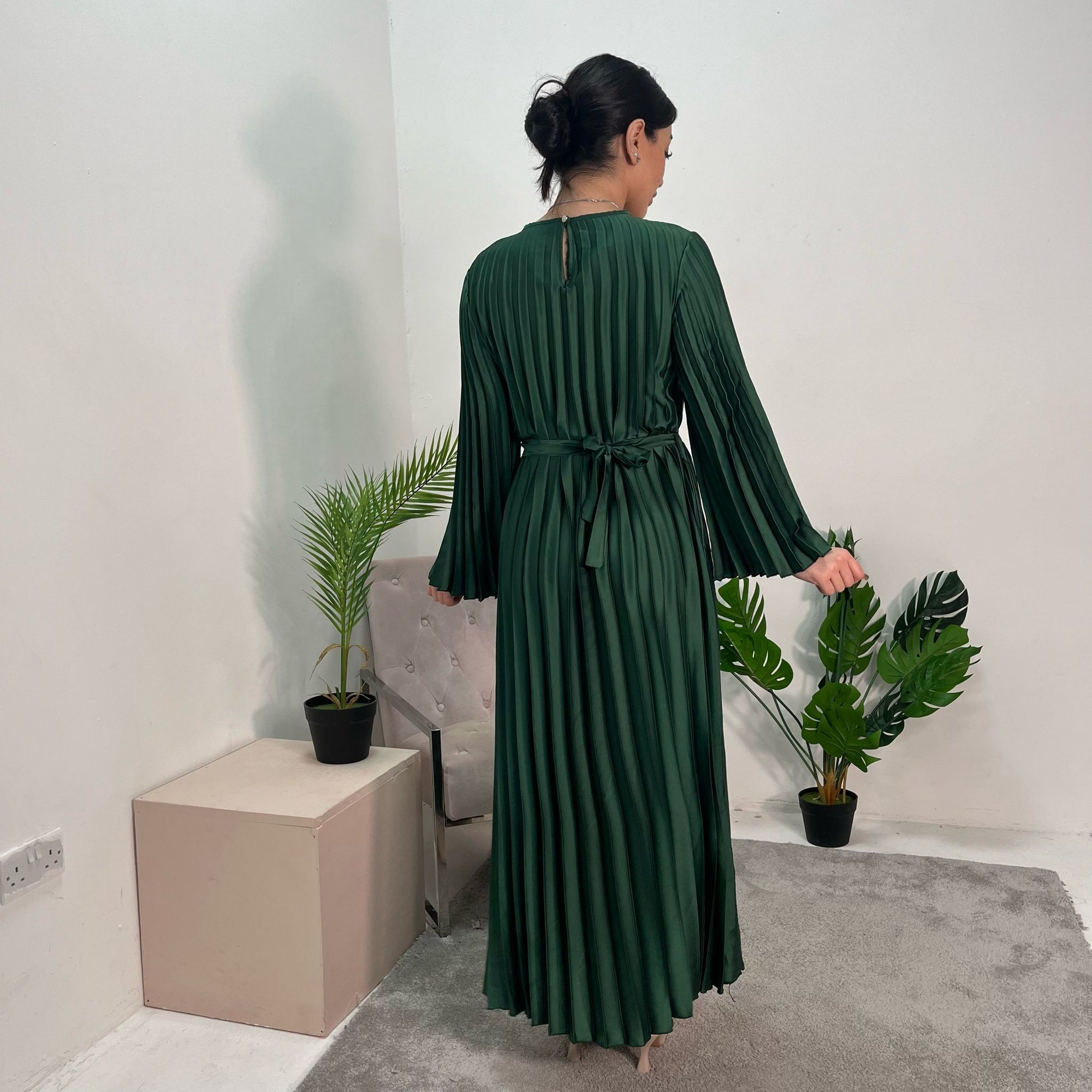 Aaliyah Emerald Green Satin Pleated Belted Dress House Of Haniya Aaliyah Emerald Green Satin Pleated Belted Dress House Of Haniya