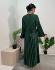 Aaliyah Emerald Green Satin Pleated Belted Dress