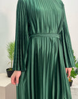 Aaliyah Emerald Green Satin Pleated Belted Dress