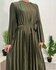 Aaliyah Khaki Satin Pleated Belted Dress