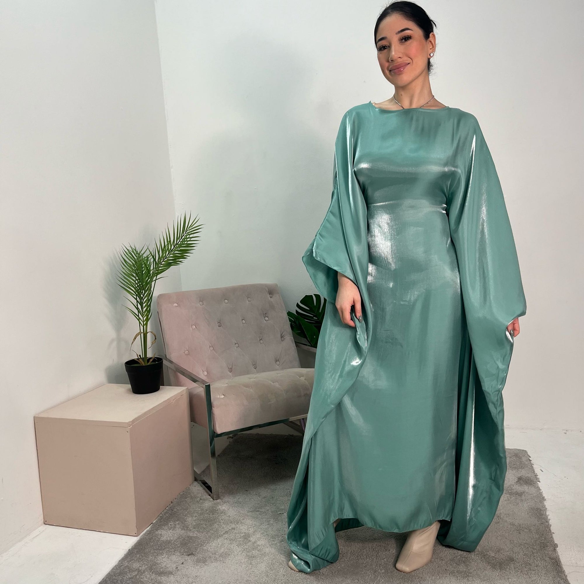 Zayna Aqua Shimmer Tie Kaftan Dress