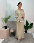 Nur Beige Double Ruffle Sleeve Belted Dress