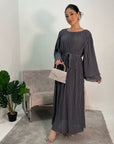 Nur Black Double Ruffle Sleeve Belted Dress