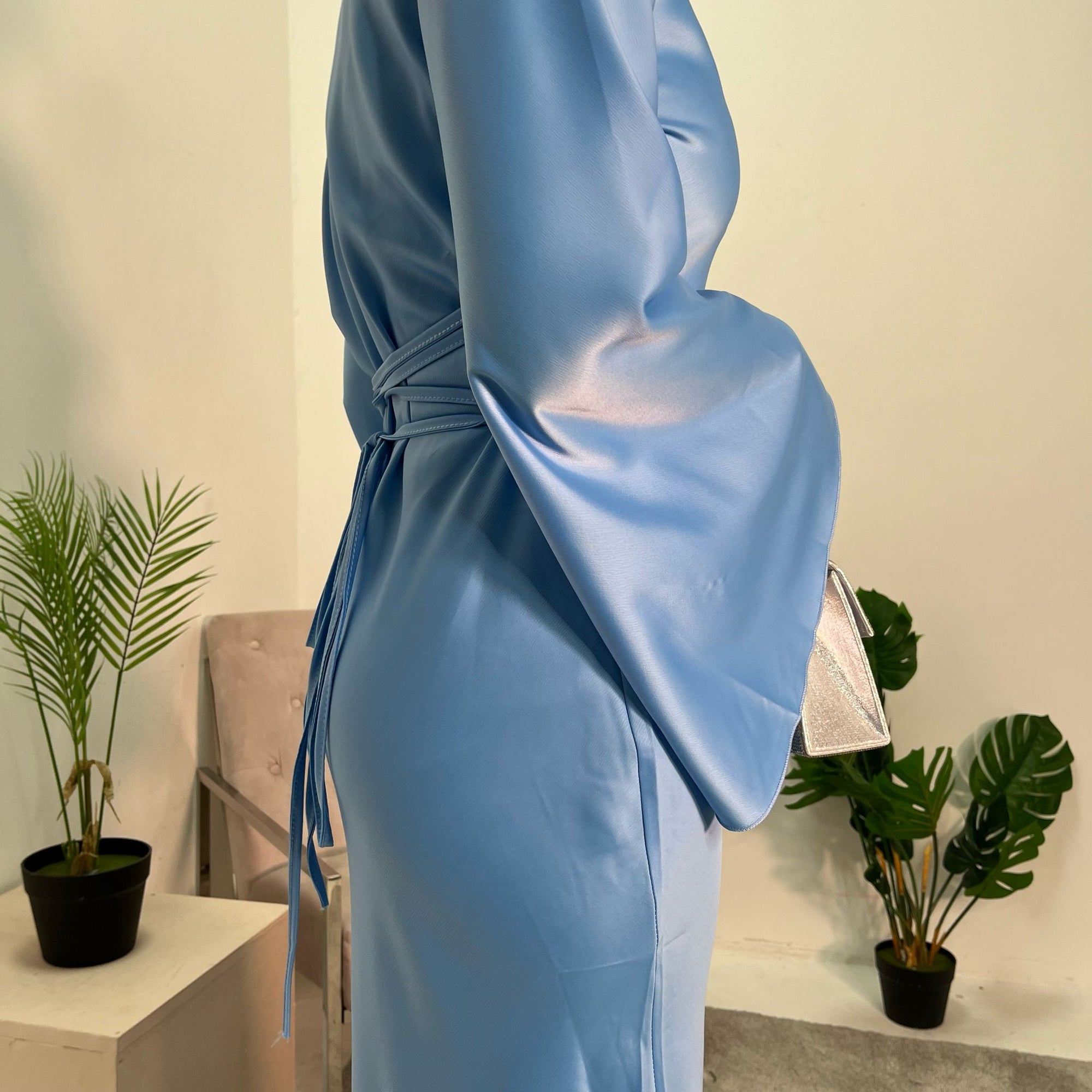 Aqsa Sky Blue Premium Tie Back Satin Quality Dress