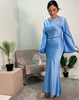 Aqsa Sky Blue Premium Tie Back Satin Quality Dress