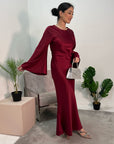 Aqsa Wine Premium Tie Back Satin Quality Dress