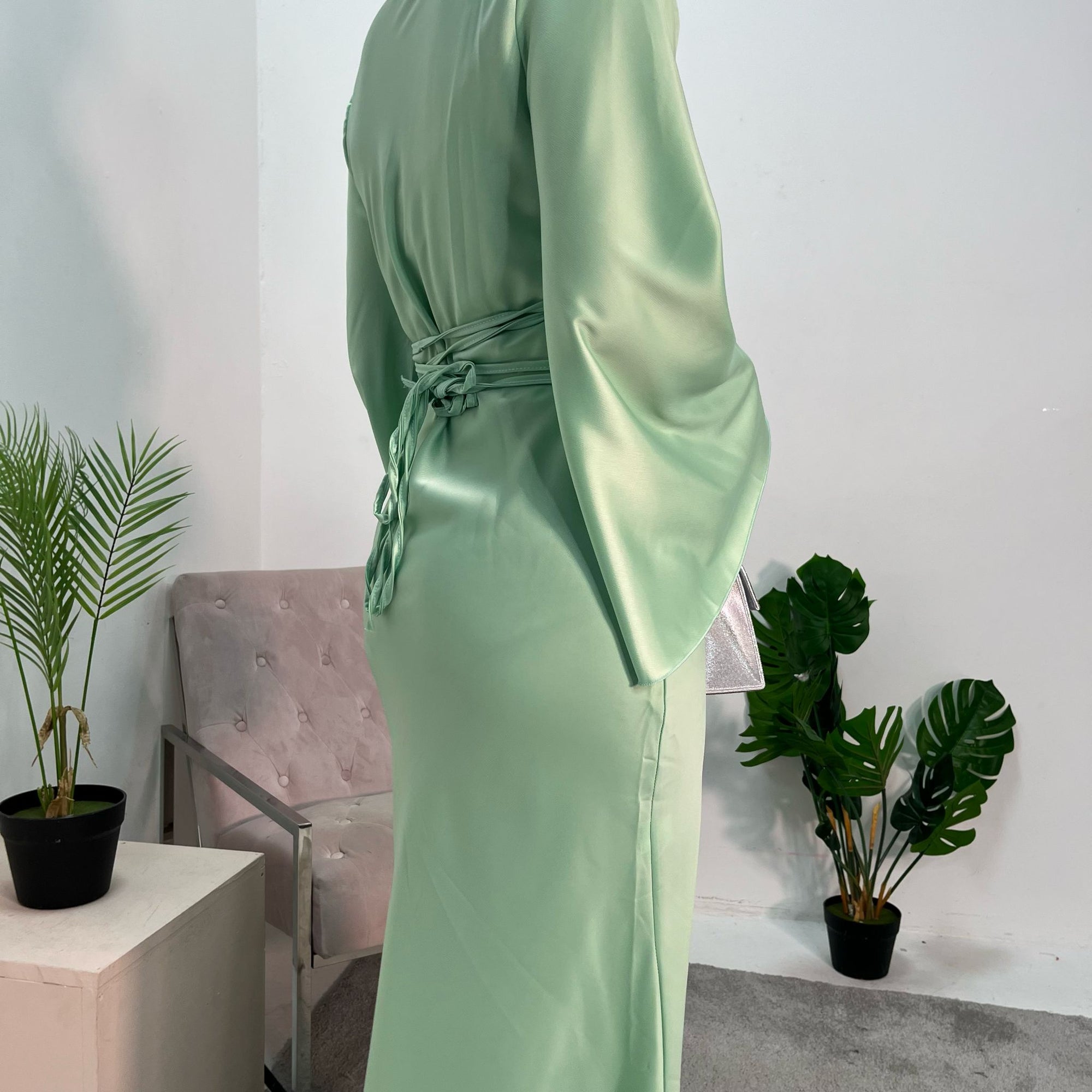 Aqsa Mint Premium Tie Back Satin Quality Dress