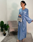 Zoya Blue V Neck Metallic Belted Drape Dress