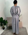 Zoya Light Grey V Neck Metallic Belted Drape Dress