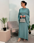 Aleena Turquoise Plain Silky Satin Batwing Kaftan Dress