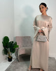 Maira Beige Premium Heavy Satin Belted Dress With Pearl Sleeve Detail