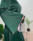 Maira Emerald Green Premium Heavy Satin Belted Dress With Pearl Sleeve Detail