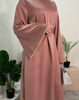 Maira Pink Premium Heavy Satin Belted Dress With Pearl Sleeve Detail