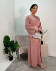 Maira Pink Premium Heavy Satin Belted Dress With Pearl Sleeve Detail