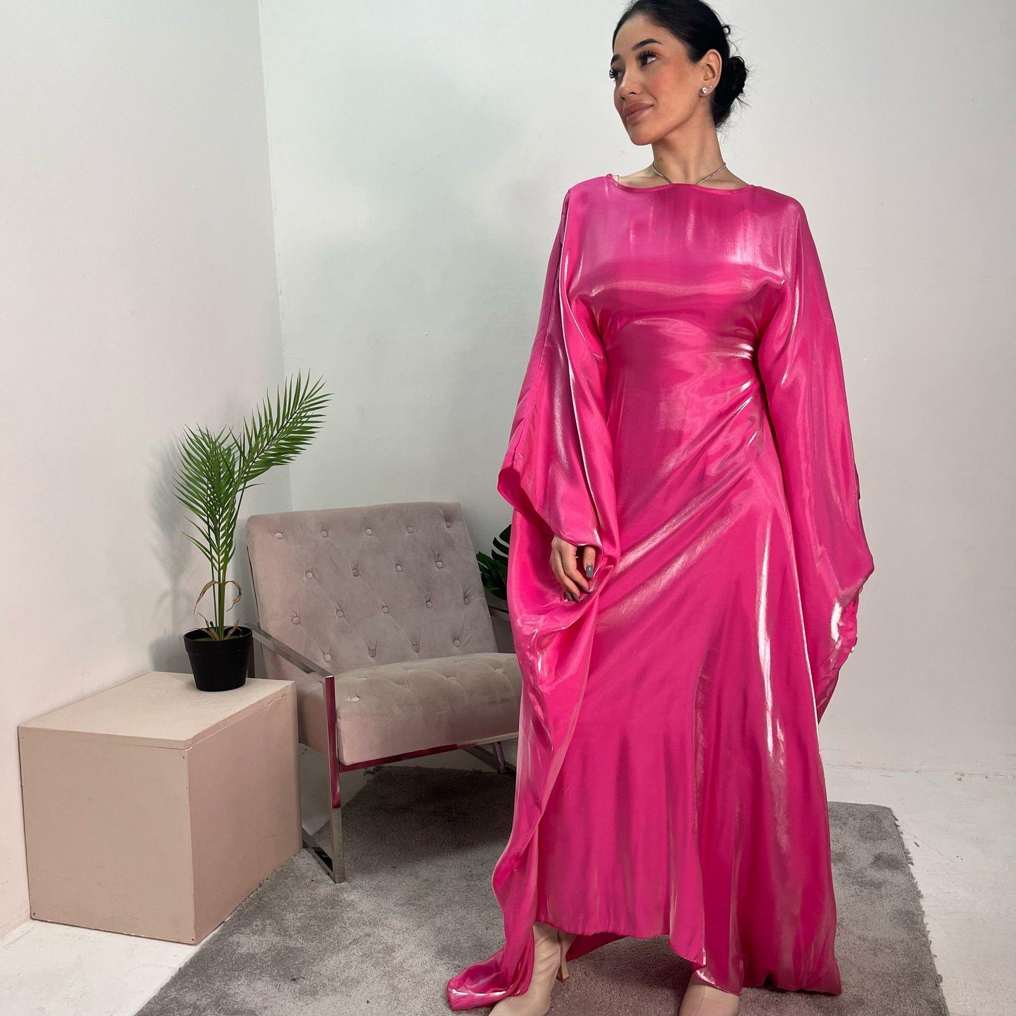 Zayna Hot Pink Shimmer Tie Kaftan Dress House Of Haniya Zayna Hot Pink Shimmer Tie Kaftan Dress House Of Haniya