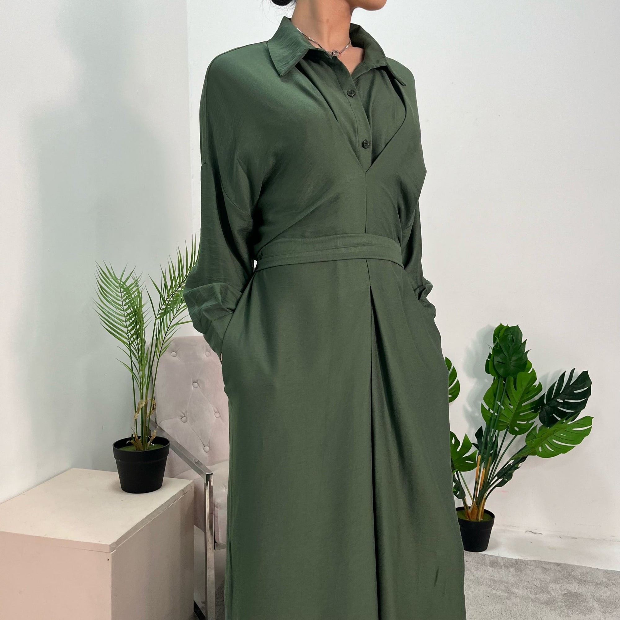 Madiha Khaki Plain Summer Belted Shirt Dress