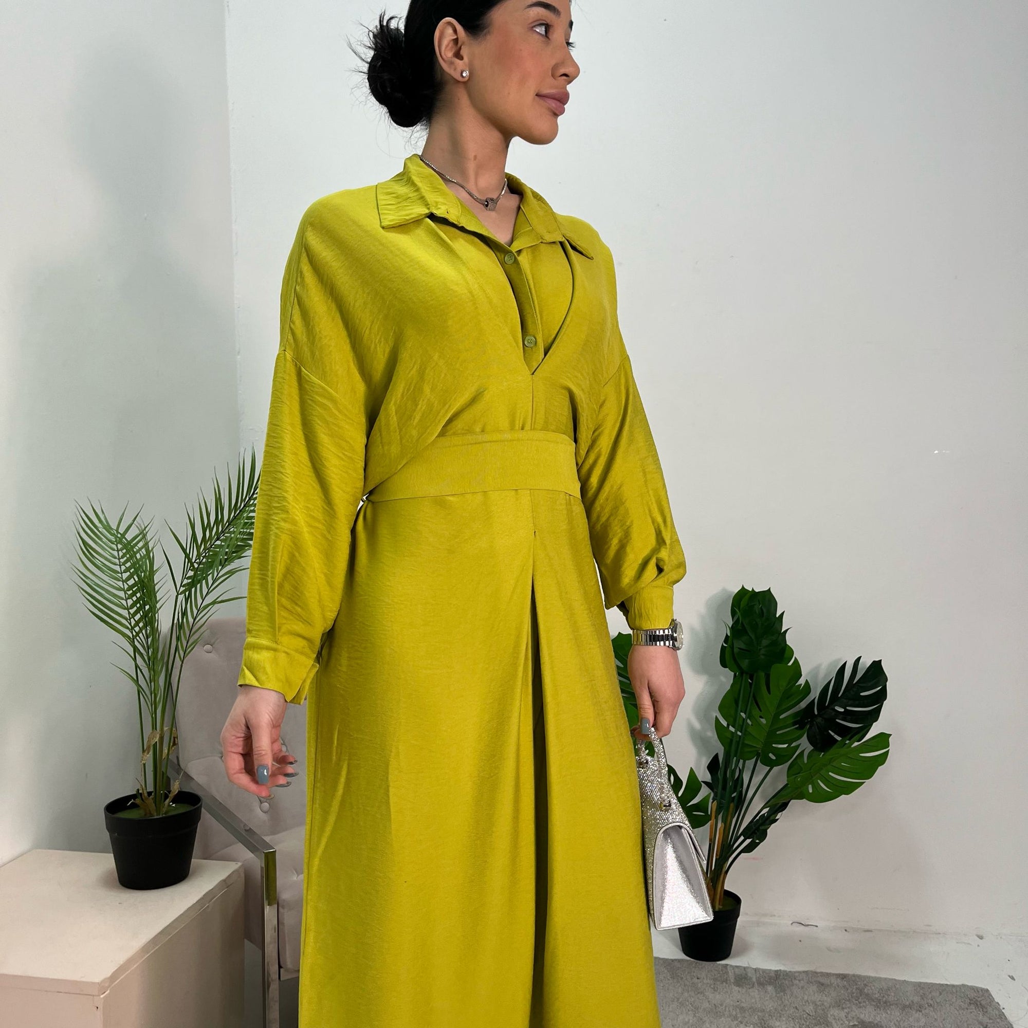 Madiha Lime Green Plain Summer Belted Shirt Dress