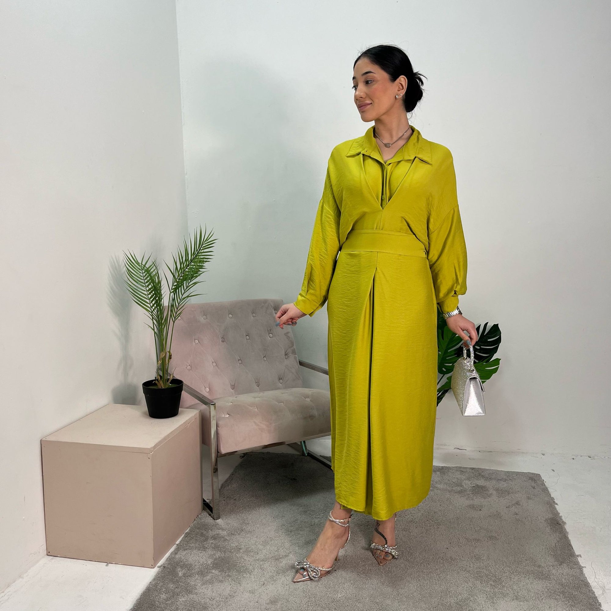 Madiha Lime Green Plain Summer Belted Shirt Dress