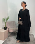 Fareeha Black V Neck Pleated Abaya Flare Sleeve Dress