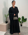 Fareeha Black V Neck Pleated Abaya Flare Sleeve Dress